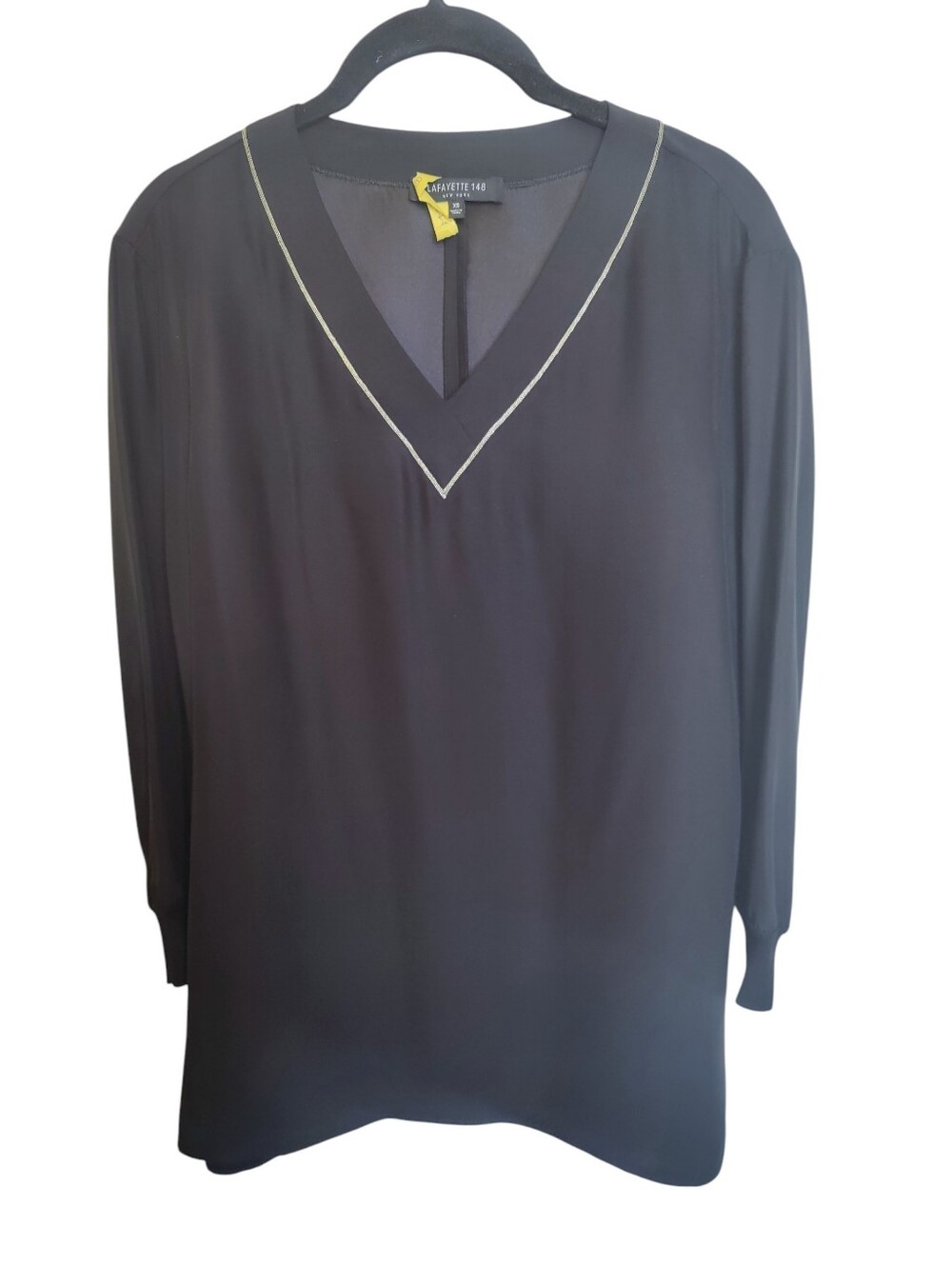 LAFAYETTE 148 NEW YORK 100% Silk Top XS Embellished V-neck 3/4 Sleeve